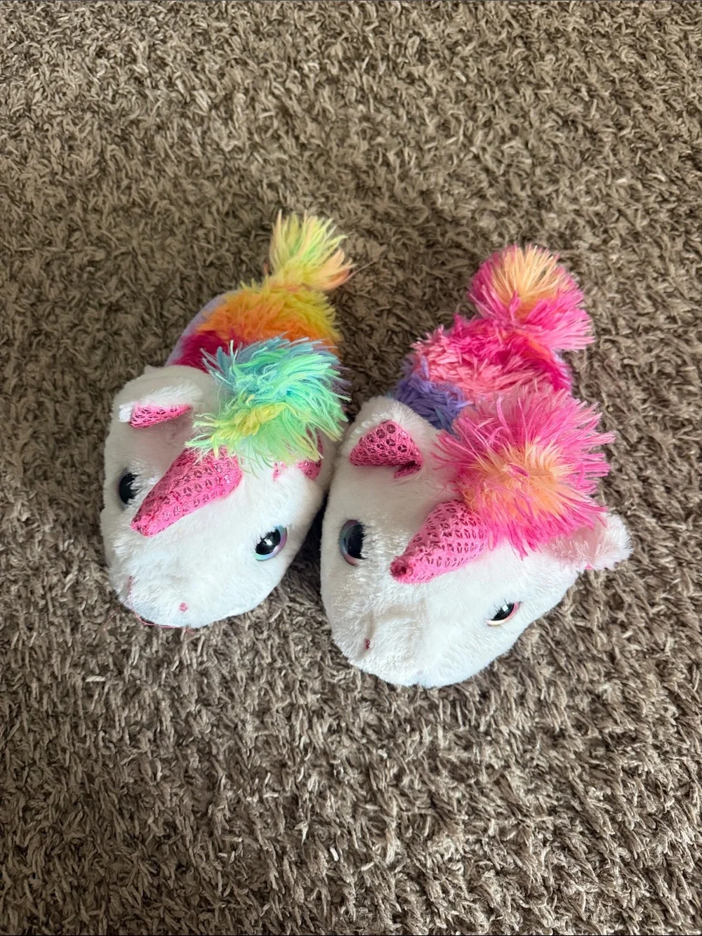 Plush Unicorn Kids Slippers in White with Rainbow Mane